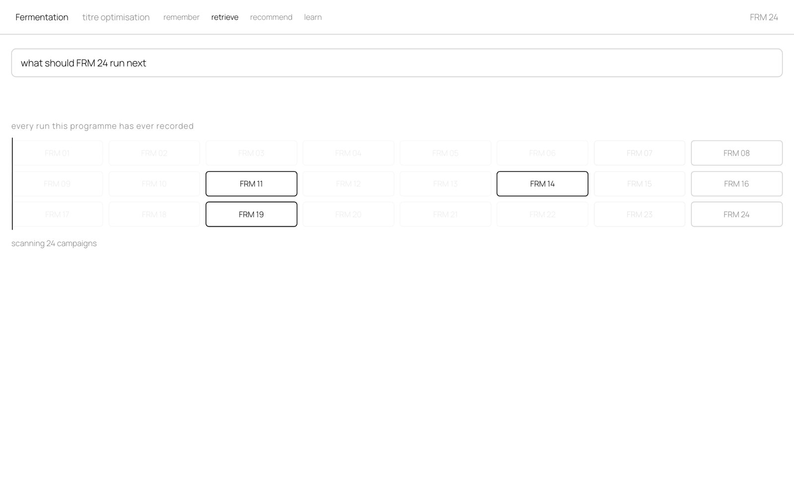 A walkthrough of the Experative interface on an invented fermentation campaign. A cursor moves down the sidebar and opens each feature in turn: the campaign record with the conditions every run was made under, which prior runs are admitted as evidence and which are held back, a ranked shortlist of what to run next with two candidates declined, and the decision record showing what was known, what was chosen and what came back.